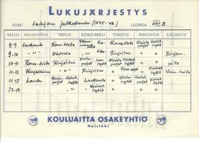 Lukujärjestys VI B  1950- Kouluaitta Oy