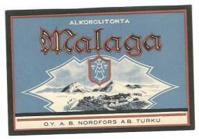 Malaga  -   juomaetiketti viinaetiketti   Turun Kivipaino/ Anders Nordforsin perusti vuonna 1867 Turkuun  viini- ja likööritehtaan. Viinien ja liköörien