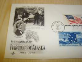 Purschase of Alaska, 1967, USA, ensipäiväkuori, FDC, neljällä erilaisella postimerkillä. Katso myös muut kohteeni mm. noin 1200 erilaista amerikkalaista