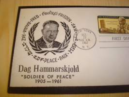 YK:n pääsihteeri Dag Hammarskjöld, 1962, USA, ensipäiväkuori, FDC, harvinaisempi mustareunainen suru-kuoriversio. Katso myös muut kohteeni mm. noin 1200