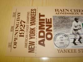 Baseball, New York Yankees, Lou Gehrig, 1989, USA, maksikortti, pääsylippu, FDC, harvinainen. Katso myös muut kohteeni mm. noin 1200 erilaista amerikkalaista