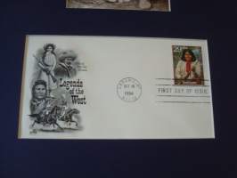 Filateliataulu: intiaanipäällikkö Geronimo, 1994, USA, Legends of West ensipäiväkuori, FDC, hieno, paspiksen koko noin 25,5 cm x 33 cm.
