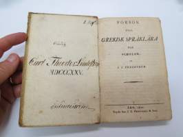 Försök till grekisk språklära för Scholor av. J.J. Tengström, Åbo 1822 (ex Carl Theodor Lindström) -graek grammar - school book