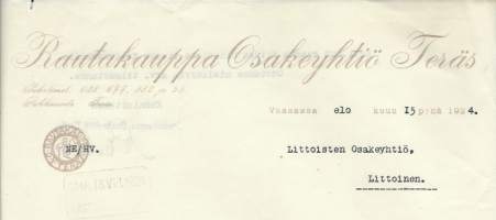 Rautakauppa Oy Teräs  Vaasa 1924 -  firmalomake