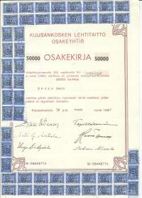 Kuusankosken Lehtitaitto  Oy, 50000 mk  osakekirja,  Kuusankoski 30.1.1962