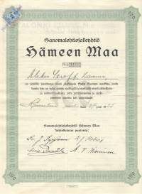 Hämeen Maa Sanomalehti Oy  osakekirja,  Hämeenlinna 27.3.1925