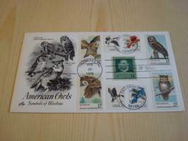 American Owls, 1978, USA, ensipäiväkuori, FDC, 9 erilaista postimerkkiä mm. Audubon (vanhempi postimerkki). Katso myös muut kohteeni mm. noin 1200 erilaista