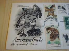 American Owls, 1978, USA, ensipäiväkuori, FDC, 9 erilaista postimerkkiä mm. Audubon (vanhempi postimerkki). Katso myös muut kohteeni mm. noin 1200 erilaista