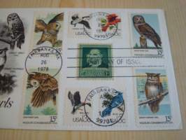American Owls, 1978, USA, ensipäiväkuori, FDC, 9 erilaista postimerkkiä mm. Audubon (vanhempi postimerkki). Katso myös muut kohteeni mm. noin 1200 erilaista