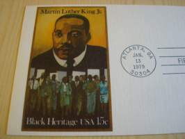 Martin Luther King Jr. 1979, USA, ensipäiväkuori, FDC. Katso myös muut kohteeni mm. noin 1200 erilaista amerikkalaista ensipäiväkuorta 1920-luvulta