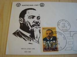 Martin Luther King Jr. 1979, USA, ensipäiväkuori, FDC. Katso myös muut kohteeni mm. noin 1200 erilaista amerikkalaista ensipäiväkuorta 1920-luvulta