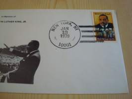 Martin Luther King Jr. 1979, USA, ensipäiväkuori, FDC. Katso myös muut kohteeni mm. noin 1200 erilaista amerikkalaista ensipäiväkuorta 1920-luvulta