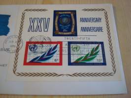 United Nations 25th Anniversary, YK, Yhdistyneet Kansakunnat, 1970, USA, ensipäiväkuori, FDC. Katso myös muut kohteeni mm. noin 1200 erilaista amerikkalaista