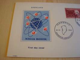 Fyysikko Niels Bohr, hän on saanut mm. Nobelin fysiikanpalkinnon, 1963, Grönlanti, ensipäiväkuori, FDC. Katso myös muut kohteeni mm. noin 1200 erilaista