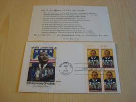 Martin Luther King Jr., 1979, USA, ensipäiväkuori, FDC, harvinaisempi värillinen versio kuoresta neljällä postimerkillä, minulla on myynnissä myös sama