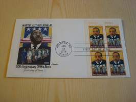 Martin Luther King Jr., 1979, USA, ensipäiväkuori, FDC, harvinaisempi värillinen versio kuoresta neljällä postimerkillä, minulla on myynnissä myös sama