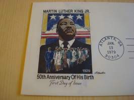 Martin Luther King Jr., 1979, USA, ensipäiväkuori, FDC, harvinaisempi värillinen versio kuoresta neljällä postimerkillä, minulla on myynnissä myös sama