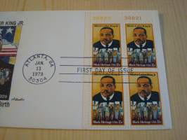 Martin Luther King Jr., 1979, USA, ensipäiväkuori, FDC, harvinaisempi värillinen versio kuoresta neljällä postimerkillä, minulla on myynnissä myös sama