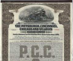 The Pittsburgh, Cincinnati, Chigaco and St Louis   Railroad Company 1925 bond rautatie  - osakekirja