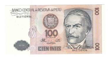 Peru 100 Intis 1987 -  seteli  /  Perun tasavalta (esp. República del Perú) eli Peru on valtio Etelä-Amerikassa. Sen rajanaapurit ovat Ecuador ja Kolumbia
