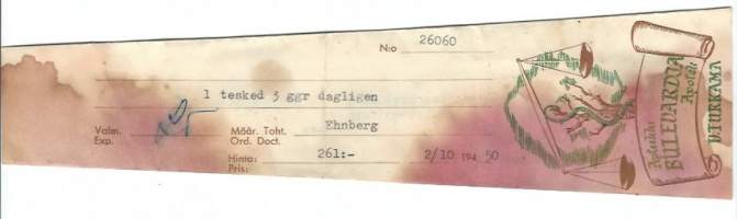 Apteekki Bulevardia U Turkama Helsinki 1950 - resepti signatuuri