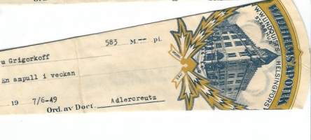 Wilhelm´s Apotek W W Lindquist´s sterbhus Helsinki 1949 - resepti signatuuri