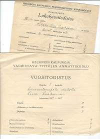 Helsingin kaupungin valmistava tyttöjen ammattikoulu/ Liinavaateompelijan osasto - vuositodistus 1935 ja Helsingin kaupungin suomenkieliset kansakoulut Kansakoulun