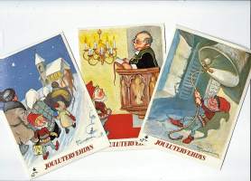 Kari Suomalainen , joulukortti, taiteilijakortti, 3 eril kortit piirretty 1945, mutta julkaistu myöhemmin