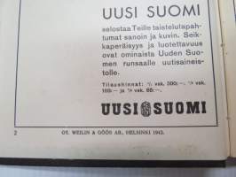 Aseveljien kalenteri 1943, sisältää kalenteriosuuden, johon kirjattu sotatapahtumat 1930-42 loppuvuosi, mm. seur. artikkelit; Sota kansojen ja erityisesti oman