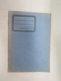 Eläinoppi vihko - tyypillinen kouluvihko, jossa tekstiä elävöittämässä pari kiiltokuvaa eläimistä -school notebook