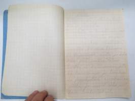 Eläinoppi vihko - tyypillinen kouluvihko, jossa tekstiä elävöittämässä pari kiiltokuvaa eläimistä -school notebook
