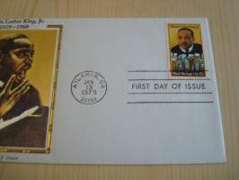 Martin Luther King Jr., 1979, USA, ensipäiväkuori, FDC.  Katso myös muut kohteeni mm. noin 1200 erilaista amerikkalaista ensipäiväkuorta 1920-luvulta