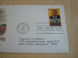 Martin Luther King Jr., 1979, USA, ensipäiväkuori, FDC, harvinaisempi värillinen versio tästä kuorimallista, minulla on myös normaali mustavalkoinen.  Katso