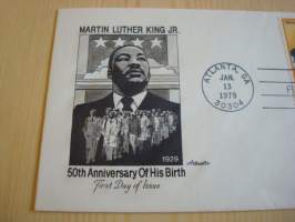 Martin Luther King Jr., 1979, USA, ensipäiväkuori, FDC.  Katso myös muut kohteeni mm. noin 1200 erilaista amerikkalaista ensipäiväkuorta 1920-luvulta