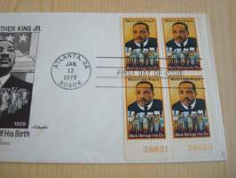 Martin Luther King Jr., 1979, USA, ensipäiväkuori, FDC.  Katso myös muut kohteeni mm. noin 1200 erilaista amerikkalaista ensipäiväkuorta 1920-luvulta