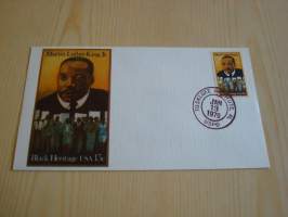 Martin Luther King Jr., 1979, USA, ensipäiväkuori, FDC.  Katso myös muut kohteeni mm. noin 1200 erilaista amerikkalaista ensipäiväkuorta 1920-luvulta