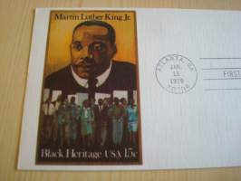 Martin Luther King Jr., 1979, USA, ensipäiväkuori, FDC.  Katso myös muut kohteeni mm. noin 1200 erilaista amerikkalaista ensipäiväkuorta 1920-luvulta