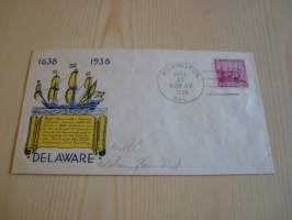 New Sweden, Delaware, 1638-1938, USA, ensipäiväkuori, FDC.  Katso myös muut kohteeni mm. noin 1200 erilaista amerikkalaista ensipäiväkuorta 1920-luvulta