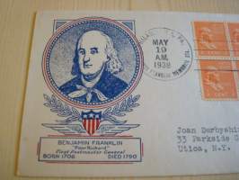 Benjamin Franklin, 1938, USA, ensipäiväkuori, FDC.  Katso myös muut kohteeni mm. noin 1200 erilaista amerikkalaista ensipäiväkuorta 1920-luvulta 2000-luvulle,