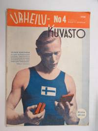 Urheilukuvasto 1948 nr 4, sis. mm. seur. artikkelit / kuvat / mainokset; Kansikuva Veikko Huhtanen, Lontoon kisojen lopputiliä, Olympiamielialoja Helsingissä,