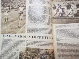 Urheilukuvasto 1948 nr 4, sis. mm. seur. artikkelit / kuvat / mainokset; Kansikuva Veikko Huhtanen, Lontoon kisojen lopputiliä, Olympiamielialoja Helsingissä,