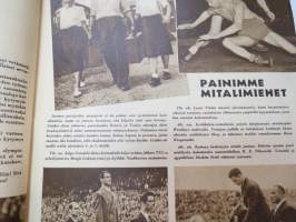 Urheilukuvasto 1948 nr 4, sis. mm. seur. artikkelit / kuvat / mainokset; Kansikuva Veikko Huhtanen, Lontoon kisojen lopputiliä, Olympiamielialoja Helsingissä,