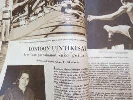 Urheilukuvasto 1948 nr 4, sis. mm. seur. artikkelit / kuvat / mainokset; Kansikuva Veikko Huhtanen, Lontoon kisojen lopputiliä, Olympiamielialoja Helsingissä,