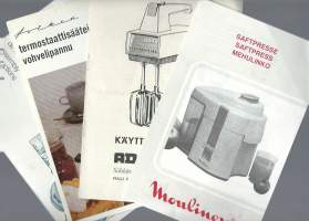 Kodinkoneiden Moulinex mehulinko,Adax.vatkain, Robot monitoimikone ja Åviken vohvelipannu  esite ja - käyttöohjeet  1960 - luku yht 4 kpl