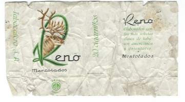 Reno Mentolados-  tupakkaetiketti, saumoista avattu tupakka-aski