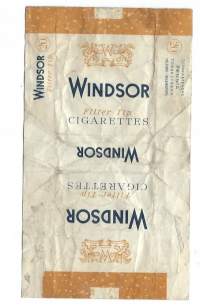 Windsor -  tupakkaetiketti, saumoista avattu tupakka-aski, valmistettu 1957