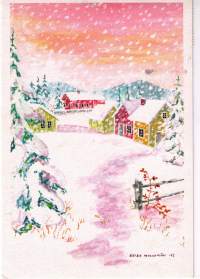 Joulukortti, maalaismaisema/  Leena Myllymäki. Kulkenut 5.1.1988