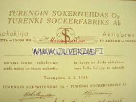 Turengin Sokeritehdas Oy Turenki 1943 10 000 mk -osakekirja