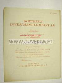 Northern Investment Company Ab, Helsinki 10 000 mk -osakekirja -share certificate