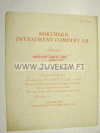 Northern Investment Company Ab, Helsinki 10 000 mk -osakekirja -share certificate